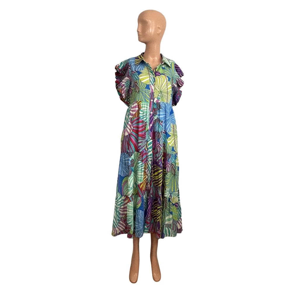 JODIFL NWT Floral Smocked Ruffle Maxi Dress S Button Down Boho Broom Feminine